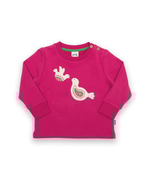 100% organic cotton | Proud to be certified to the Global Organic Textile Standard (GOTS) | Dove appliqué | Berry pink | Brush back sweat fabric 3 ply (290-300 gsm) | Coconut button opening (up to and including size 3 years) | Long sleeved | Ribbed cuffs and neckline | Made in Turkey | Machine washable at 40 degrees, or at 30 degrees to be kinder to the planet