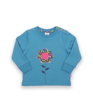 100% organic cotton | Proud to be certified to the Global Organic Textile Standard (GOTS) | Flower appliqué | French blue | Brush back sweat fabric 3 ply (290-300 gsm) | Coconut button opening (up to and including size 3 years) | Long sleeved | Ribbed cuffs and neckline | Made in Turkey | Machine washable at 40 degrees, or at 30 degrees to be kinder to the planet