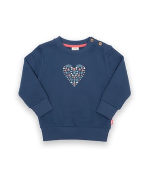 100% organic cotton | Proud to be certified to the Global Organic Textile Standard (GOTS) | Heart embroidery design | Navy blue | Brush back sweat fabric 3 ply (290-300 gsm) | Coconut button opening (up to and including size 3 years) | Long sleeved | Ribbed cuffs, hem and neckline | Made in Turkey | Machine washable at 40 degrees, or at 30 degrees to be kinder to the planet