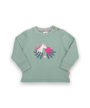 100% organic cotton | Proud to be certified to the Global Organic Textile Standard (GOTS) | Pig and horse appliqué featuring our sweet ditsy print | Soft spruce green | Brush back sweat fabric 3 ply (290-300 gsm) | Coconut button opening (up to and including size 3 years) | Long sleeved | Ribbed cuffs and neckline | Made in Turkey | Machine washable at 40 degrees, or at 30 degrees to be kinder to the planet