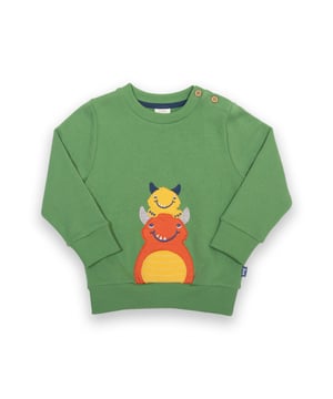 100% organic cotton | Proud to be certified to the Global Organic Textile Standard (GOTS) | Monster appliqué | Fern green | Brush back sweat fabric 3 ply (290-300 gsm) | Coconut button opening (up to and including size 3 years) | Long sleeved | Ribbed cuffs, hem and neckline | Made in Turkey | Machine washable at 40 degrees, or at 30 degrees to be kinder to the planet