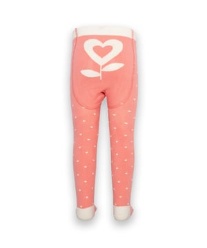 90% organic cotton 8% polyamide 2% elastane | Proud to be certified to the Global Organic Textile Standard (GOTS) | Heart jacquard knit with flower intarsia on seat (up to and including size 3 y) | Cream knitted dot on legs | Cream rib waistband | Made in Turkey | Machine washable at 40 degrees, or at 30 degrees to be kinder to the planet