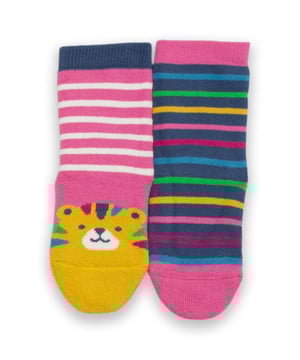 90% organic cotton 8% polyamide 2% elastane | Tiger face and stripe designs | Terry knit with grippy spots on soles | Two pack | Made in Turkey | Machine washable at 40 degrees, or at 30 degrees to be kinder to the planet
