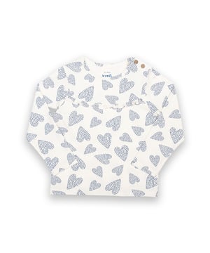95% organic cotton 5% elastane | Proud to be certified to the Global Organic Textile Standard (GOTS) | Love you all-over print | Cream | Single jersey (180-190 gsm) | Coconut button shoulder opening (up to and including size 3 years) | Long sleeved | Round neck | Cotton frill trim at yoke | Made in Turkey | Machine washable at 40 degrees, or at 30 degrees to be kinder to the planet