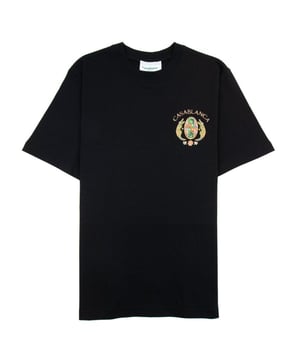 The Casablanca Casa Joyaux D'Afrique Tennis Club Black T-Shirt combines style and sustainability with its 100% organic cotton fabric, ensuring a soft, breathable feel that's gentle on your skin and the environment. Crafted in Portugal with meticulous attention to detail, this t-shirt offers a sleek black design that effortlessly elevates your casual wardrobe. Perfect for those who appreciate quality and ethical fashion, it delivers comfort and durability while making a subtle statement of refined taste. Embrace timeless elegance and conscious living with this standout piece from Casablanca
