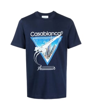Short Sleeved Blue T-Shirt, Casablanca Airplane Design, Crew Neck Tee, Regular Fit, Fits True To Size, 100% Cotton, Blue Tee, Casual Wear