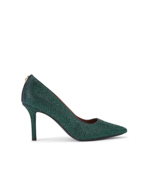 This Kurt Geiger Brixton Court heel is crafted from a green fabric that is embellished with green crystals. There is a gold padlock detail on the back of the heel. Heel height: 8.5cm.