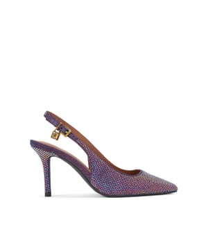This Kurt Geiger Brixton Slingback Heel is crafted from a purple fabric with metallic crystals. The heel is in a stiletto style and there is a slingback strap around the ankle. Heel height: 8cm.