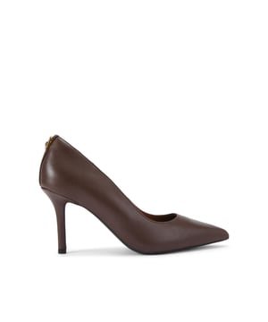 This Kurt Geiger Brixton Court heel is crafted from a dark brown leather. There is an antiqued brass padlock detail on the back of the heel. Heel height: 8.5cm.