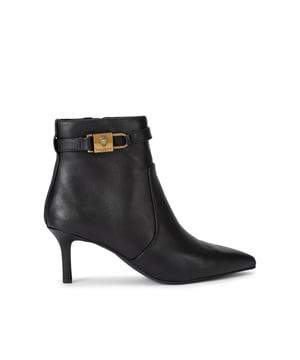 This Kurt Geiger Brixton Ankle Boot features a black leather upper with fashionably pointed toe. There is a strap around the ankle with antiqued brass padlock detail. Heel height: 7cm.