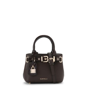 This Carvela Micro Maria Weave bag is a tote bag crafted from a dark brown leather alternative with a croc embossed belt detail around the top. There are patent leather alternative trims and luggage style tag on the front. Dimensions : 14 cm (H), 17 cm (W), 9 cm (D). Strap length: 121cm.