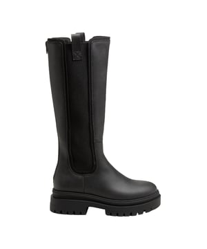 Upper: Faux Leather. Lining: Microfibre. Height: 36cm. Insole: Plush Foam. Midsole: Foam. Outsole: Rubber. Elastic Gore, Pull Tab. Block Heel. Heel Height: 5.3cm. Cut: Knee-High. Design: Panel, Plain. Fastening: Slip-on, Zip.