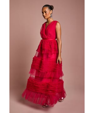 Petite Sleeveless Mesh Tiered Maxi Dress