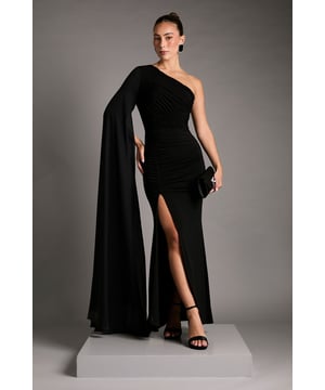 One Shoulder Slinky Maxi Dress with Ruched Detailing