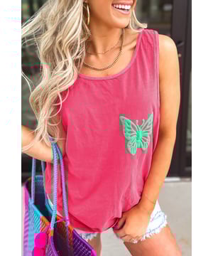 Gráfico vibrante de mariposa en el pecho  
Diseño sin mangas  
Cuello redondo  
Tela suave y transpirable  
Ajuste cómodo y ligero  
Ideal para un atuendo veraniego con estilo  
Material: 95% algodón, 5% elastano