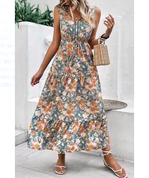 Green floral print all over
  Trimmed V
  neckline
  Sleeveless design
  Tie waist for a flattering fit
  Tiered flowy silhouette
  Empire waist
  Long dress length
Material: 100% Polyester