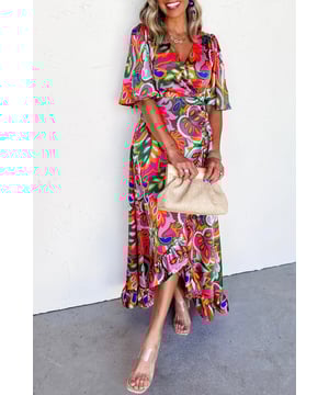 Rose Sommer Pflanzenprint Maxi-Kleid  
Surplice V-Ausschnitt-Design  
Breite kurze Ärmel  
Rüschendetails  
Asymmetrischer Schlitz  
Weicher, atmungsaktiver Stoff  
Sorgt für den ganzen Tag Komfort  
Material: 97% Polyester, 3% Elastan