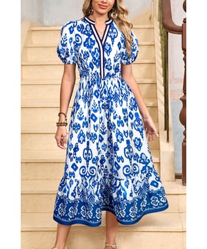 Blue Floral Puff Short Sleeve V Neck High Waist Maxi Dress
  Gorgeous floral print with striped details at the neckline
  Notched V neckline
  Short puff sleeves
  Side slit pockets
  Soft lightweight fabric
  Comfortable and flattering fit
Material: 100% Polyester