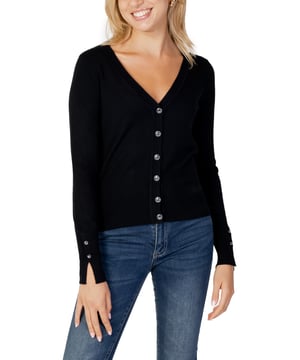 Cardigan negro elegante y comodo.
  Escote en V con cuello mandarin.
  Cierre de botones.
  Fabricado con un 29 % de nailon y un 71 % de viscosa.
  Lavable a maquina a 30Â°.