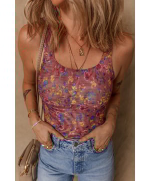 Estampado floral morado  
Tejido de malla transparente y elástica  
Escote en U  
Cuerpo sin mangas  
Tirantes anchos  
Ideal para combinar con pantalones vaqueros o faldas  
Material: 95% Poliéster 5% Elastano