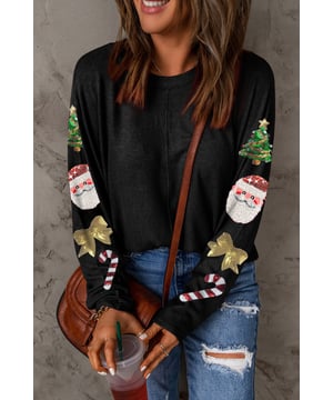 Our styles are designed with a trendy fitted look in mind following an international size standard. For the best fit we suggest choosing one size up from your usual. Be sure to check our sizing chart to find your perfect match!
  Sequined Christmas tree Santa Claus gift bow and candy cane
  Casual pullover is basic simple and versatile for women
  Crew neckline long sleeves solid color and regular fit
  Pairs well with jeans loose pants leggings jackets and coats
Material: 95% Polyester 5% Elastane