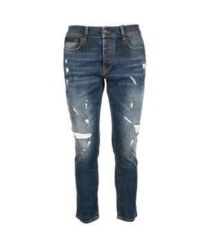 Merk: Costume National Contemporary
  Geslacht: Mannen
  Type: Spijkerbroek
  Seizoen: Herfst/Winter
  Kleur: Blauw
  Sluiting: Rits en knoop
  Details: Gescheurd effect Gevlekt effect
  Samenstelling: 98% katoen 2% elastaan