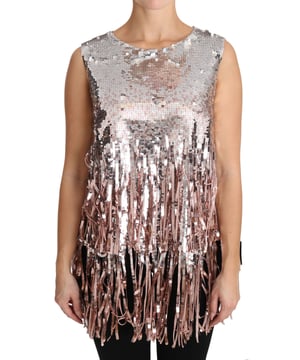 Marca: Dolce & Gabbana.
  Estilo: Camiseta sin mangas.
  Material: 100% nailon.
  Color: Rosa Dorado.
  Diseno: flecos de lentejuelas con detalles de logotipo.
  Artesania: Alta.
  Origen: Hecho en Italia.
  Autenticidad: A estrenar con etiquetas.
  Genero: Mujeres.