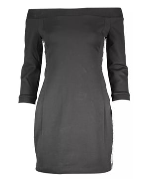 Stilvolles schwarzes Kleid aus Polyester.
  Kurze Lange mit modernem Ausschnitt.
  3/4.
  Armel fur zusatzliche Eleganz.
  Kontrastierende Details fur einen raffinierten Touch.
  Verziert mit dem Logo der Marke.
  Entworfen fur Frauen.