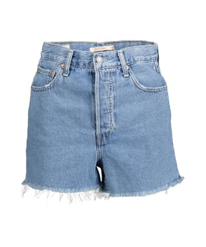 Hellblaue Jeans und Hose aus Baumwolle.
  Jeansshorts.
  5 Taschen.
  Tasten.
  Saum mit Fransen.
  Logo.