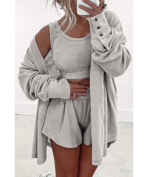 Includes crop tank top shorts and cardigan
  Soft and comfortable fabric for all
  day wear
  Perfect for casual outings or lounging at home
  Available in sizes S M L and XL
Material: 75% Polyester 20% Viscose 5% Elastane
