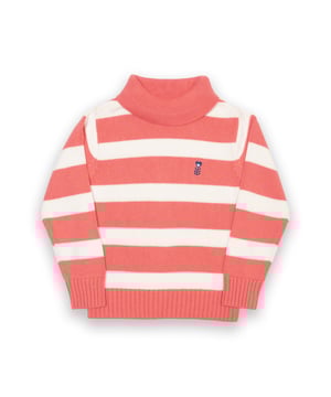 100% organic cotton | Proud to be certified to the Global Organic Textile Standard (GOTS) | Salmon pink and cream knitted wide stripe | 5-gauge chunky plain knit | Long sleeved | Salmon pink ribbed cuffs, hem and roll neck | Flower embroidery detail at chest | Made in India | Machine washable at 40 degrees, or at 30 degrees to be kinder to the planet