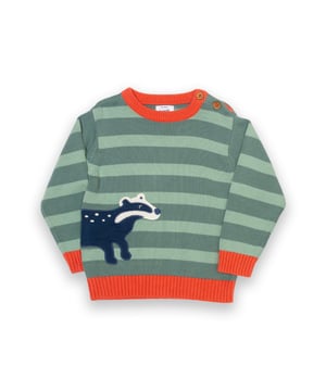 100% organic cotton | Proud to be certified to the Global Organic Textile Standard (GOTS) | Badger appliqué | Spruce green | 7-gauge plain knit | Coconut button shoulder opening (up to and including size 3 years) | Long sleeved | Ribbed neck, cuffs and hem | Round neck | Made in India | Machine washable at 40 degrees, or at 30 degrees to be kinder to the planet