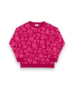 100% organic cotton | Proud to be certified to the Global Organic Textile Standard (GOTS) | Flower jacquard design | Berry and blush pink | 12-gauge birds eye jacquard knit | Long sleeved | Berry pink ribbed neck, cuffs and hem | Round neck | Made in India | Machine washable at 40 degrees, or at 30 degrees to be kinder to the planet
