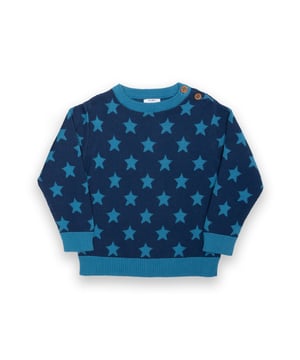 100% organic cotton | Proud to be certified to the Global Organic Textile Standard (GOTS) | Star jacquard design | Navy blue | 12-gauge birds eye knit | Coconut button shoulder opening (up to and including size 3 years) | Long sleeved | French blue ribbed neck, cuffs and hem | Round neck | Made in India | Machine washable at 40 degrees, or at 30 degrees to be kinder to the planet