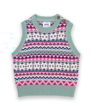 100% organic cotton | Proud to be certified to the Global Organic Textile Standard (GOTS) | Fair Isle inspired knitted jacquard | 7-gauge midweight ladder back knit | Coconut button shoulder opening (up to and including size 3 years) | Sleeveless | Ribbed hems | Round neck | Made in India | Machine washable at 40 degrees, or at 30 degrees to be kinder to the planet