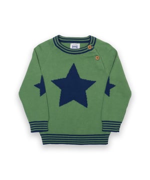 100% organic cotton | Proud to be certified to the Global Organic Textile Standard (GOTS) | Star intarsia design | Fern green | 12-gauge plain knit | Coconut button raglan sleeve opening (up to and including size 3 years) | Long sleeved | Navy blue and fern green striped ribbed neck, cuffs and hem | Round neck | Star intarsia detail on the elbows | Made in India | Machine washable at 40 degrees, or at 30 degrees to be kinder to the planet