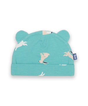 95% organic cotton 5% elastane | Proud to be certified to the Global Organic Textile Standard (GOTS) | Hare hug all-over print | Aqua | Single jersey with a little bit of stretch (180-190 gsm) | Turn-up | With ears | Made in Turkey | Machine washable at 40 degrees, or at 30 degrees to be kinder to the planet