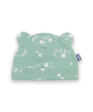 95% organic cotton 5% elastane | Proud to be certified to the Global Organic Textile Standard (GOTS) | Ele and me all-over print | Soft spruce green | Single jersey with a little bit of stretch (180-190 gsm) | Turn-up | With ears | Made in Turkey | Machine washable at 40 degrees, or at 30 degrees to be kinder to the planet