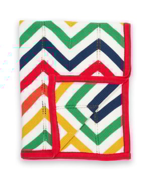 100% organic cotton | Proud to be certified to the Global Organic Textile Standard (GOTS) | Rainbow chevron knit | 5-gauge midweight transfer knit | 70 cm x 90 cm | Made in India | Machine washable at 40 degrees, or at 30 degrees to be kinder to the planet