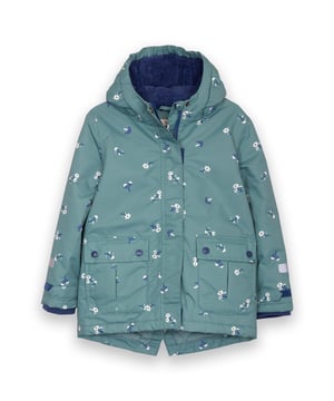 Shell, wadding and lining: 100% recycled polyester | Made from OEKO-TEX approved fabric | PFC-free | Forage floral all-over print | Spruce green | Kite pull zipper with zip guard and popper fastening | Front welt two-way pockets | Elasticated sleeve cuffs with hook and loop fastening | Hooded with protective chin stand | Reflective strips for increased visibility | Waterproof up to 5,000 mm and windproof with taped seams | BIONIC FINISH®ECO - Fluorine-free, water repellent finish for ultimate performance | Dropped back hem with V-shape cut out | Made in China | Machine washable at 30 degrees