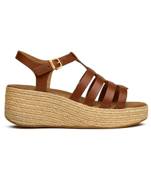 Sandalias de esparto estilo flatform Fitflop para mujeres en color cuero, fabricadas con piel y una suela de corcho y goma. Presentan: altura del tacón de 7 cm, tecnología cushx, parte superior de cuero y marca Fitflop.