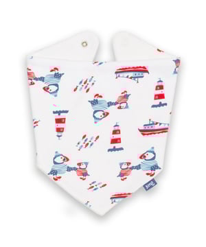 Front: 100% organic cotton Reverse: 80% organic cotton 20% recycled polyester | Proud to be certified to the Global Organic Textile Standard (GOTS) | Puffin pals all-over print | Cream towelling on reverse | Interlock fabric (200-210 gsm) and towelling (240-250 gsm) | Popper fastening | Made in Turkey | Machine washable at 40 degrees, or at 30 degrees to be kinder to the planet