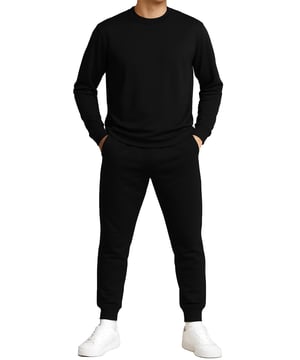 This men’s polyester tracksuit set features a long-sleeve crew neck pullover sweatshirt with matching joggers. Designed with ribbed details, an adjustable drawstring waistband, and side pockets, it combines comfort with practicality. The breathable fabric allows easy movement, making it perfect for workouts, lounging, or casual everyday wear.