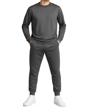 This men’s polyester tracksuit set features a long-sleeve crew neck pullover sweatshirt with matching joggers. Designed with ribbed details, an adjustable drawstring waistband, and side pockets, it combines comfort with practicality. The breathable fabric allows easy movement, making it perfect for workouts, lounging, or casual everyday wear.