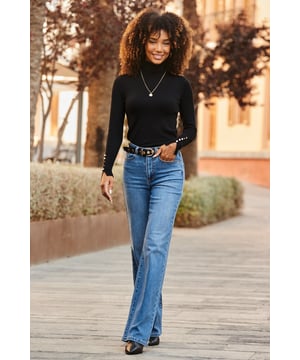 Found: your new favourite jeansMade with the perfect amount of stretch Cut to a flattering slim wide-leg silhouette Wear-with-everything mid-blue wash Add polish with a tailored blazer That cut looks great with courts, ankle boots, strappies and trainersInside leg to fit: Short 29" | Regular 31" | Long 33"