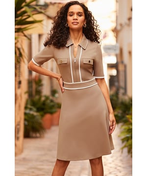 Your shortcut to effortless styleCrafted from ponte fabric for the perfect blend of softness and structureFramed by a chic collar for an on-trend silhouette Gold zip front, luxe contrast piping - all the dress-elevating details Nipped-in waist falls to a timeless A-line hem You can't go wrong with court shoes