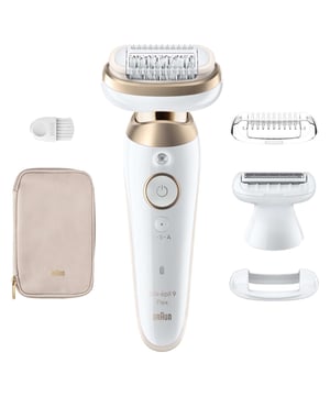 Discover the Braun Silk-épil 9 Flex 3D Epilator for smooth, hair-free skin. This device features a fully flexible head that adapts to your body's contours, ensuring no hair is left behind, even in challenging areas like knees and underarms. With 40 MicroGrip tweezers, it captures hairs as fine as 0.5mm for long-lasting smoothness. Enjoy wet and dry epilation for a comfortable experience, and use the precision handle for a secure grip. Includes a lady shaver head and trimmer comb, perfect for sensitive areas.