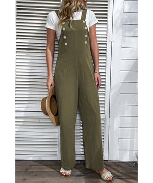 Color verde selva sólido para un look atemporal y chic  
Tirantes ajustables para un ajuste personalizable  
Cierre frontal abotonado que añade un toque clásico inspirado en el retro  
Piernas rectas para una silueta elegante y moderna  
Material: 100% Poliéster