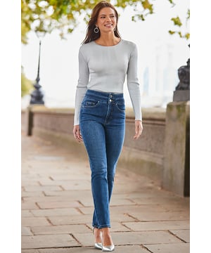 Call off the jeans search Soft stretch denim with contour control for the perfect fitClassic slim cut skims your legs Statement deep waistband with double button detailWear-with-everything mid-blue wash Create the illusion of endless legs with pointed courts and bootsInside leg to fit: Short 29" | Regular 31" | Long 33"
