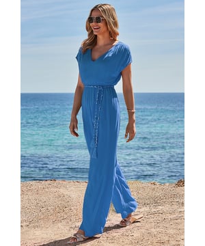 Put it on your packing listCrafted from light crinkle fabric to keep you coolCut for a comfy relaxed fit with breezy wide legsSuper-flattering V-neckline suits all bustsCinched at the waist with a luxe metallic rope beltThrow on for al fresco lunches or dress it up for sunset drinks Inside leg to fit: Short 29" | Regular 31" | Long 33"